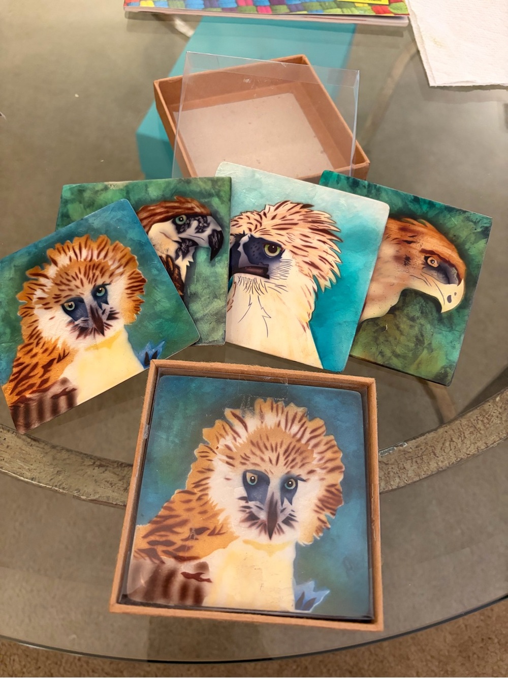 Hand-Painted Raptor Coasters Set — Teal and Brown